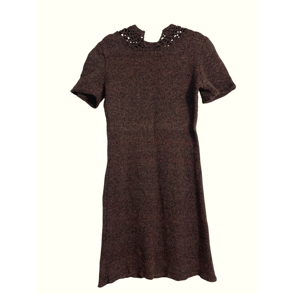 Vintage Handmade Knit‎ Dress Short Sleeve Brown Textured Collared Casual Grandma